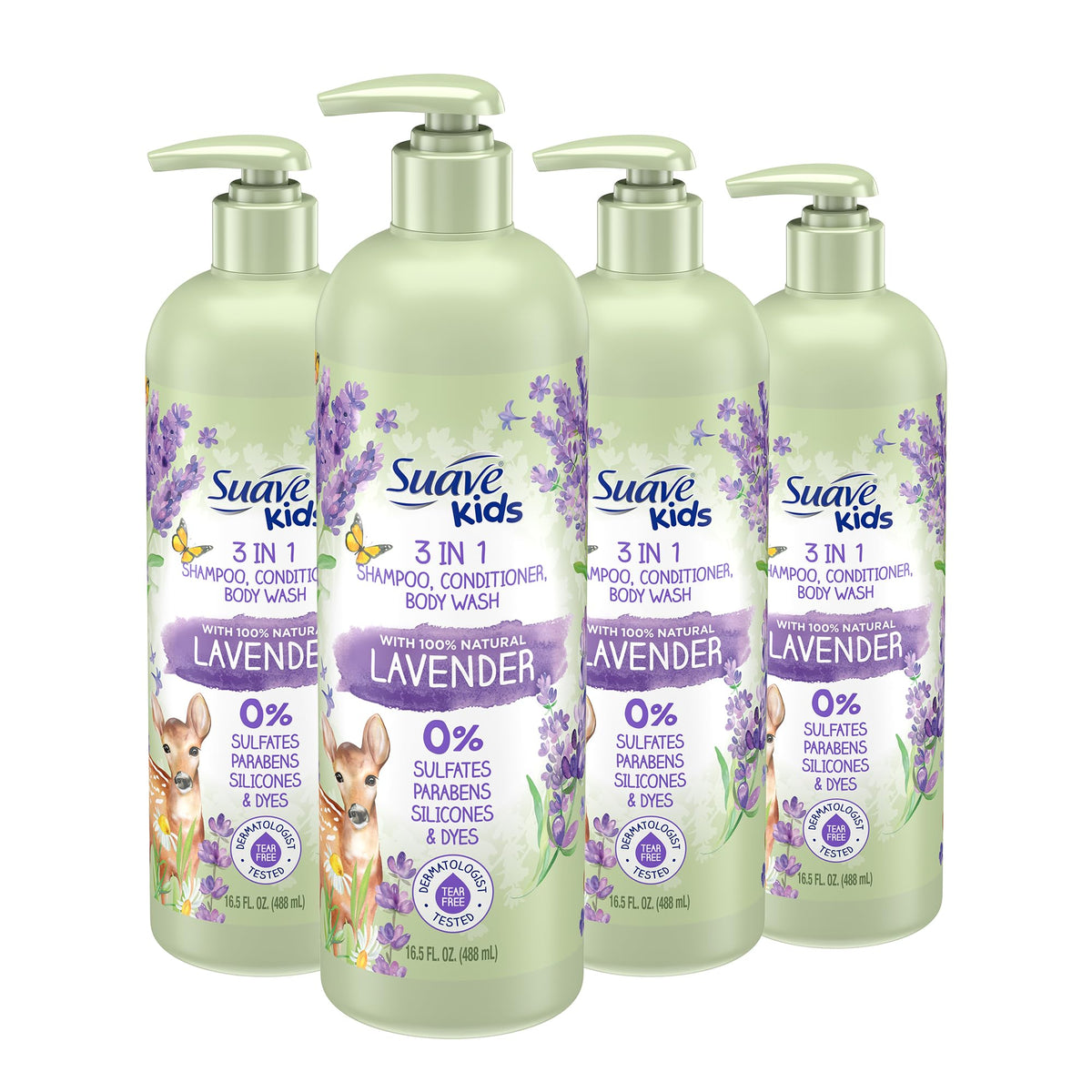 Suave Kids Lavender 3-in-1 bottle pour highlights gentle tear-free cleansing for hair and skin.