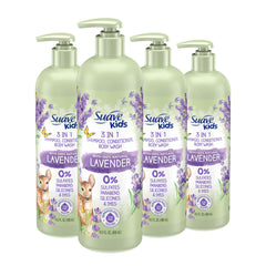 Suave Kids Lavender 3-in-1 bottle pour highlights gentle tear-free cleansing for hair and skin.