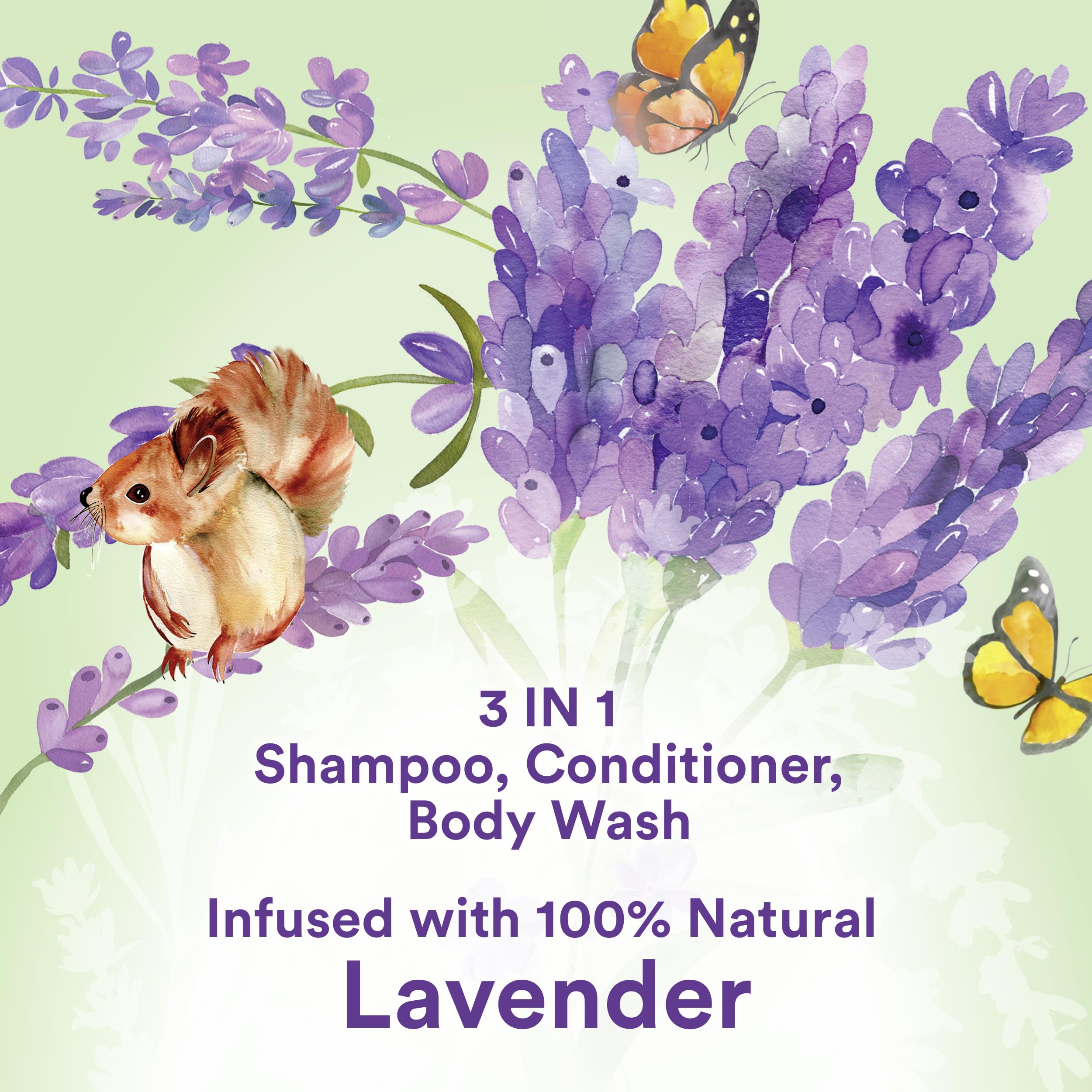 Suave Kids Lavender 3-in-1 hair and body lather with natural lavender scent.