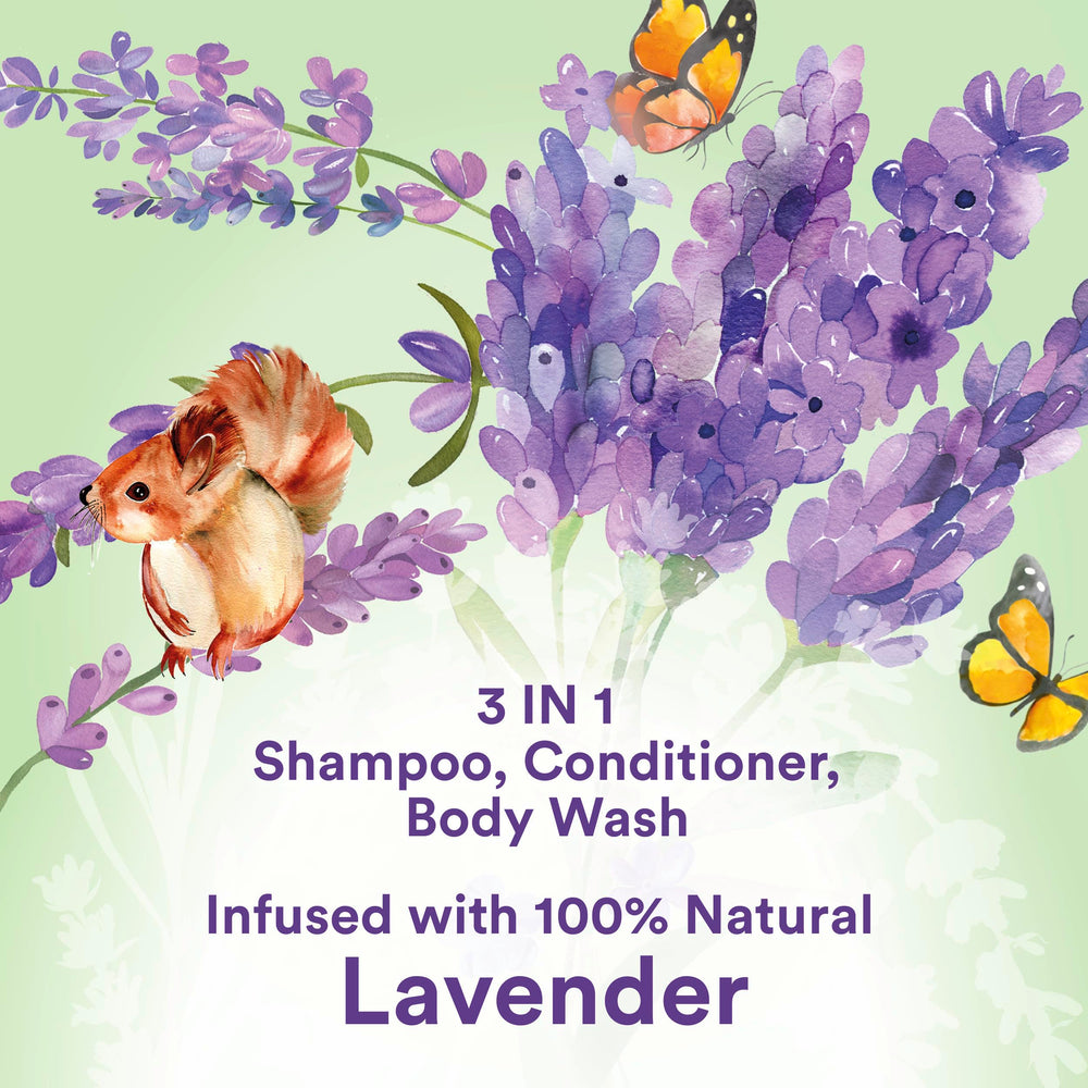 Suave Kids Lavender 3-in-1 hair and body lather with natural lavender scent.