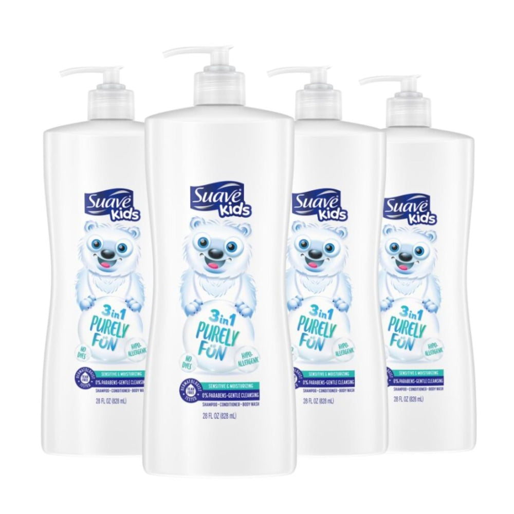 Suave Kids Purely Fun 3-in-1 bottle pour for quick all-in-one cleanse