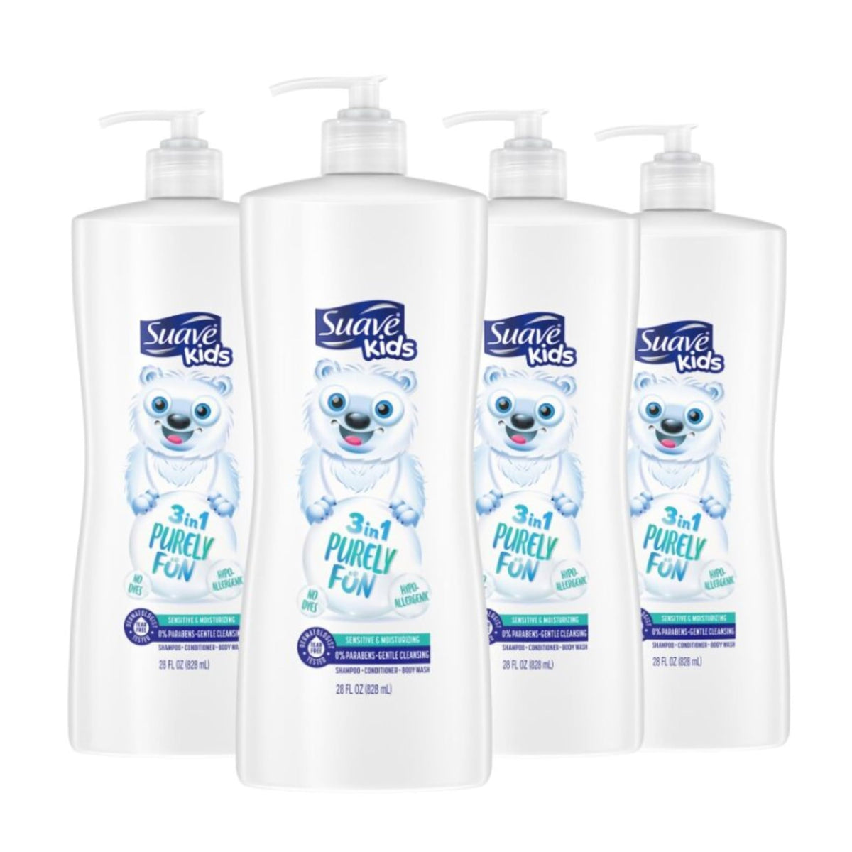 Suave Kids Purely Fun 3-in-1 bottle pour for quick all-in-one cleanse