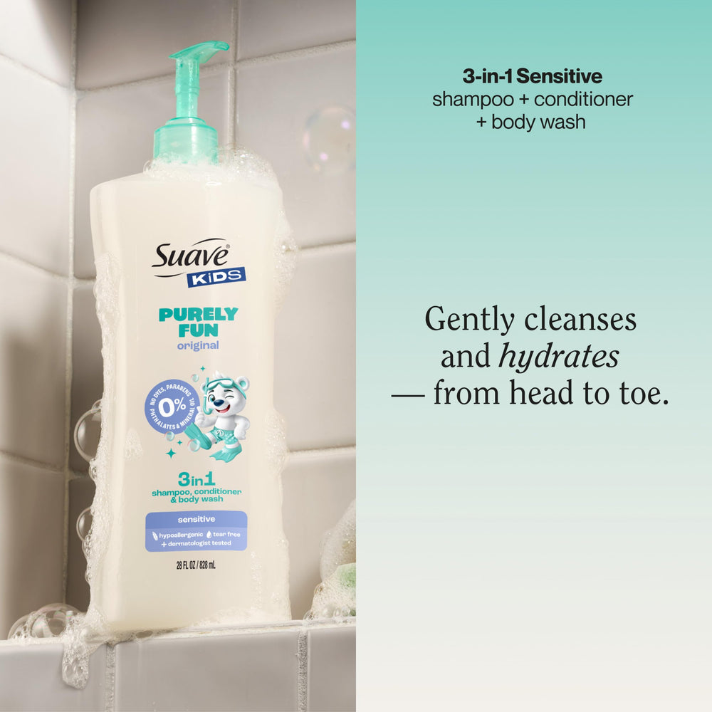 Kids using Suave Kids Purely Fun 3-in-1 during bath time for a simple cleansing routine