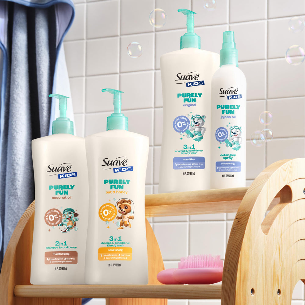 Four-count pack by Suave Kids Purely Fun supports shared bath routines