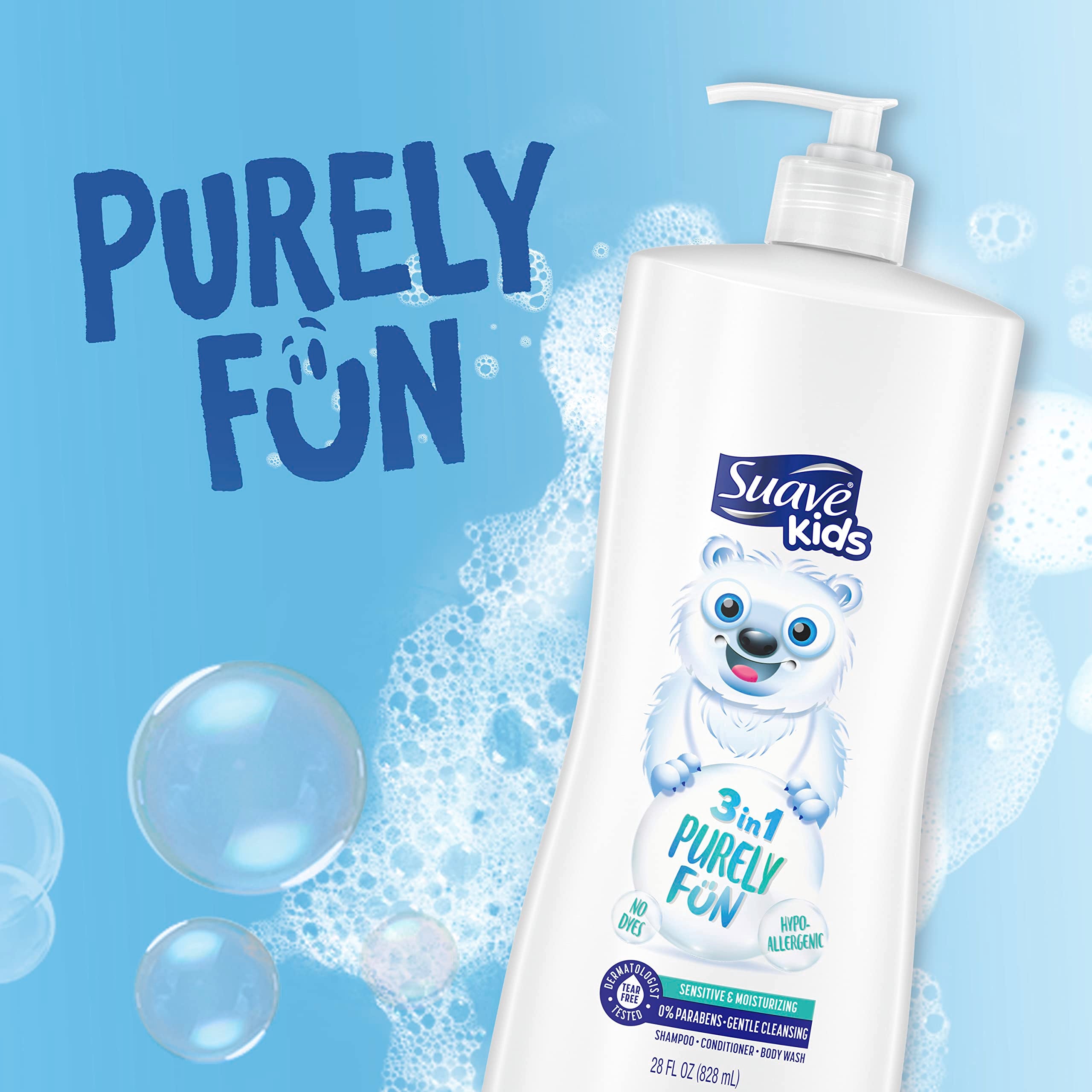 Suave Kids Purely Fun 3-in-1 bottle ready for head-to-toe cleanse