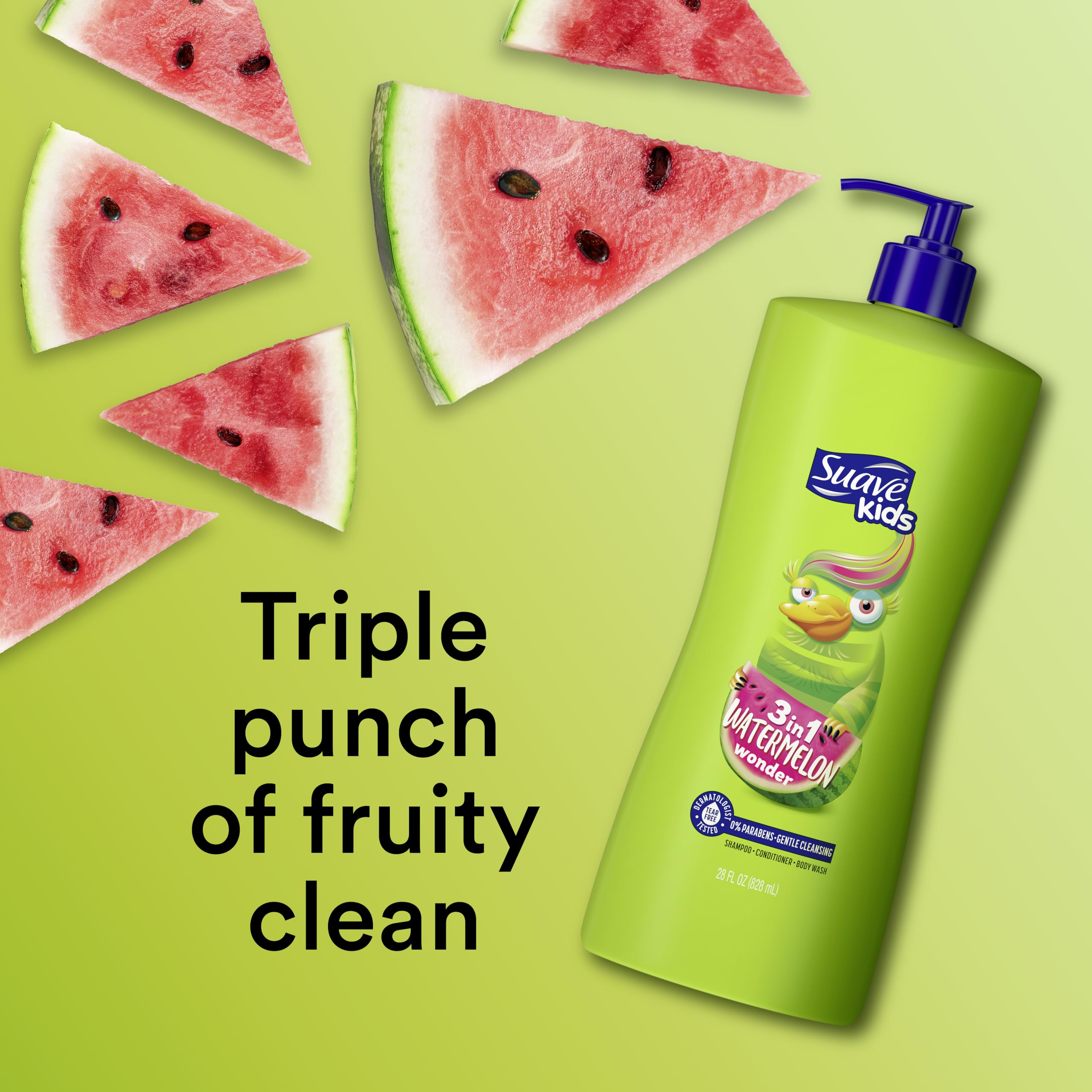 Suave Kids Wacky Melon foam lather for quick, gentle cleansing.