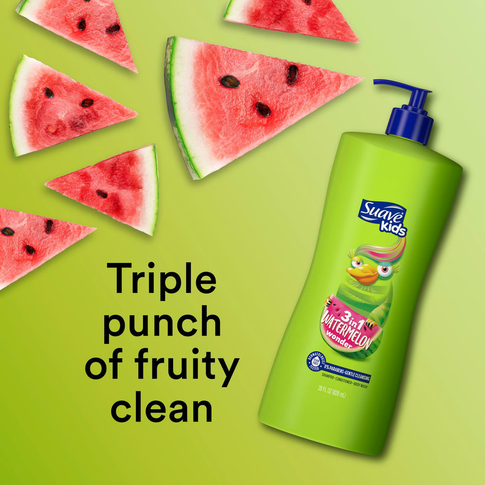 Suave Kids Wacky Melon foam lather for quick, gentle cleansing.