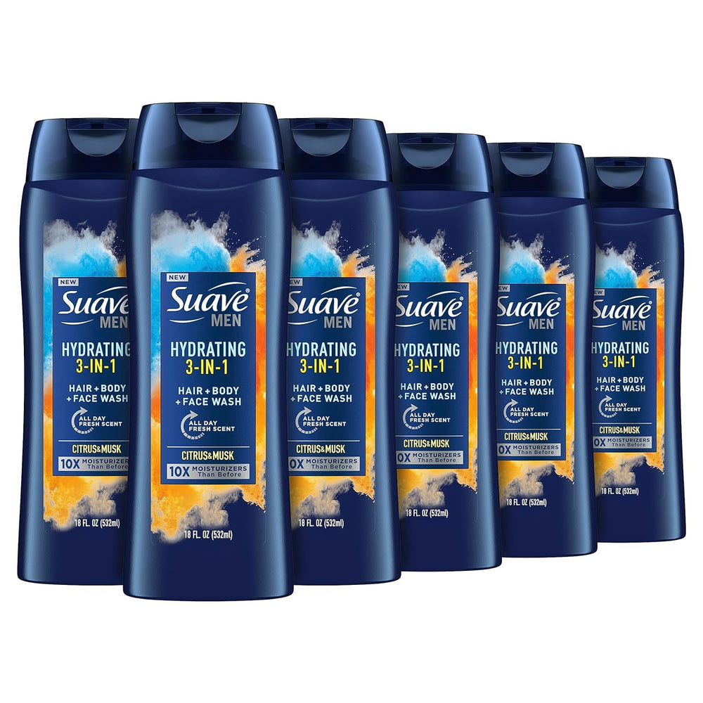 Suave Men 3in1 wash bottle showing all-in-one cleanse for hair, face and body hydration.
