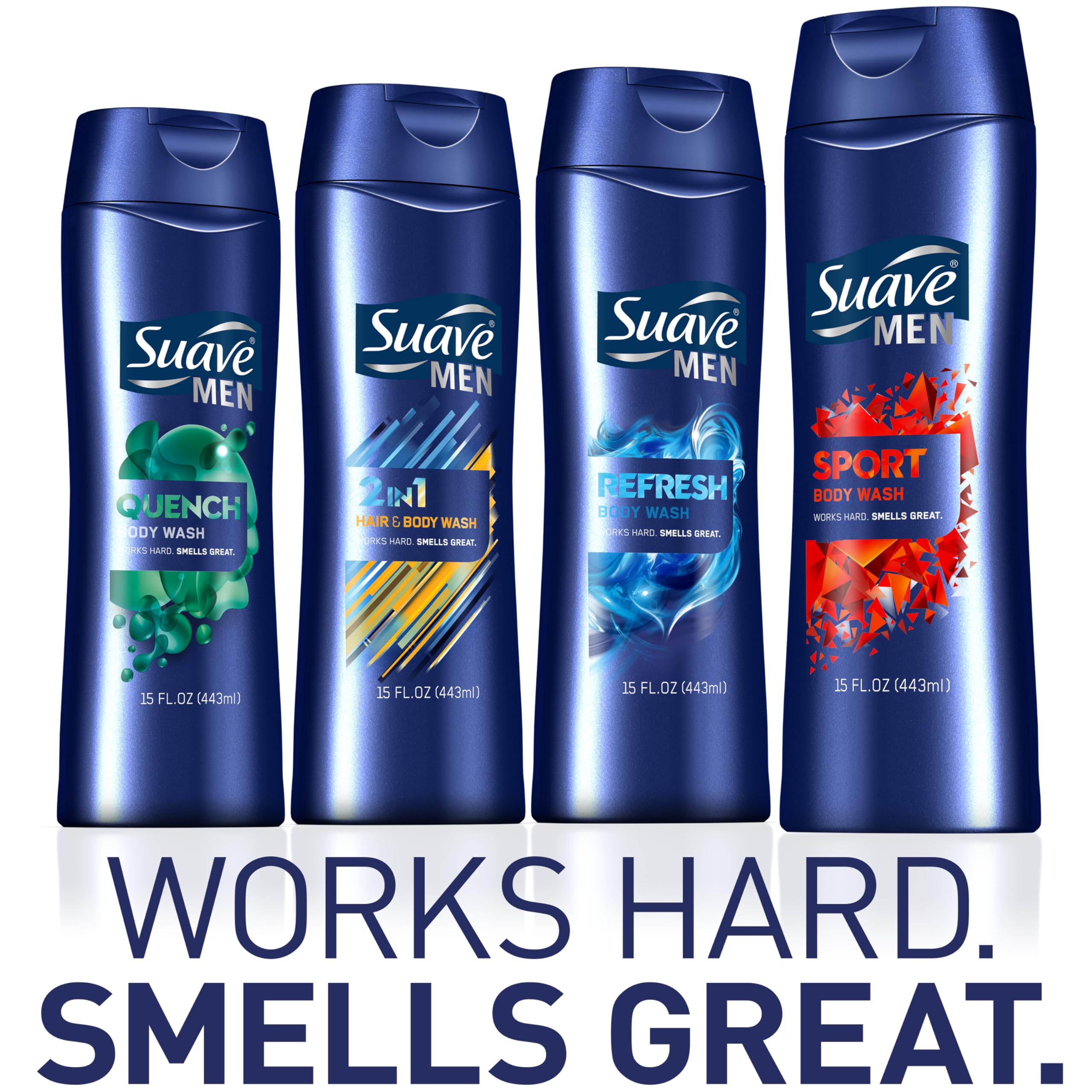 Eco-friendly packaging on Suave Men bottle from recycled plastic.