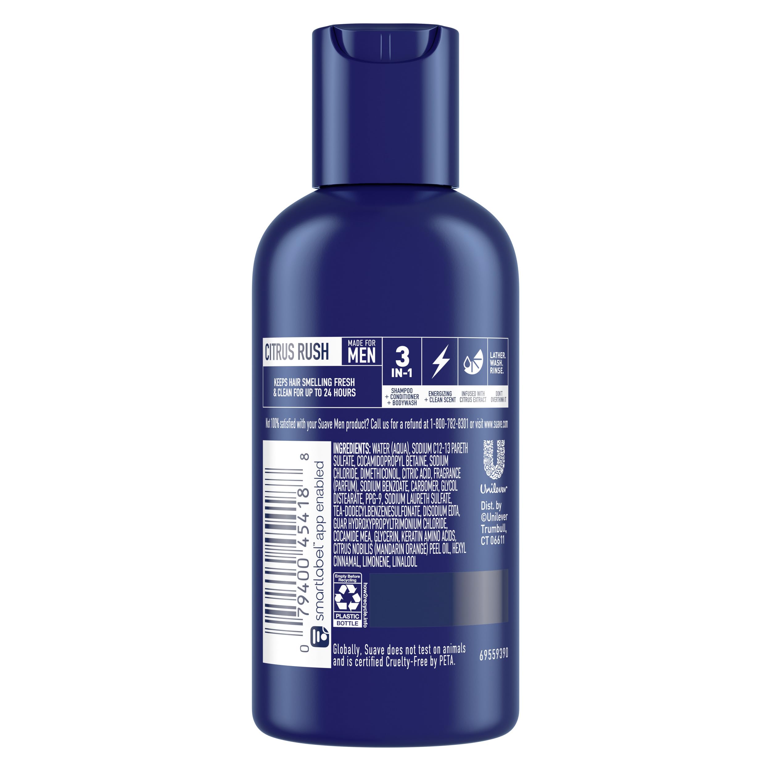 Cruelty-free label on Suave Men Citrus Rush product packaging