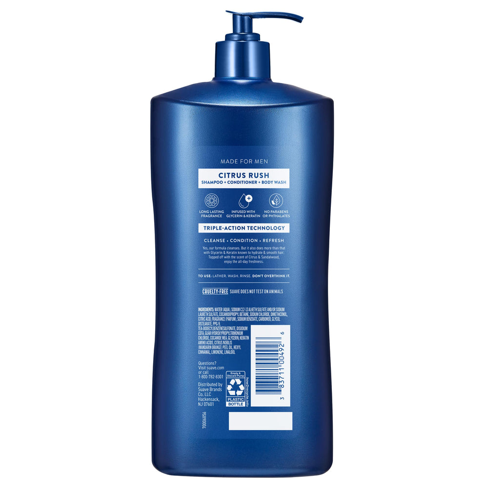 Suave Men Citrus Rush fragrance-splash highlights invigorating scent and freshness.