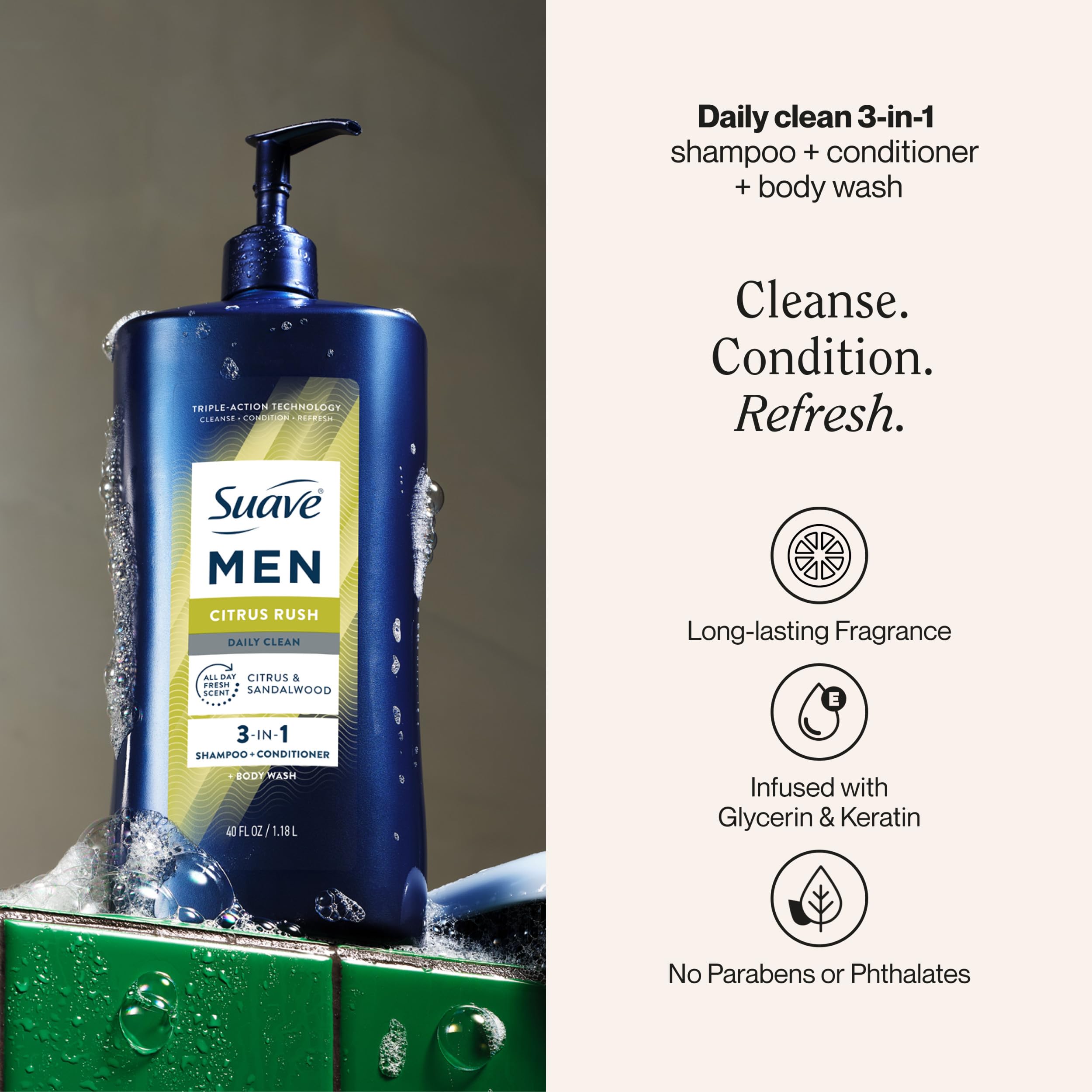 Suave Men Citrus Rush front label highlights citrus scent and three-in-one action.