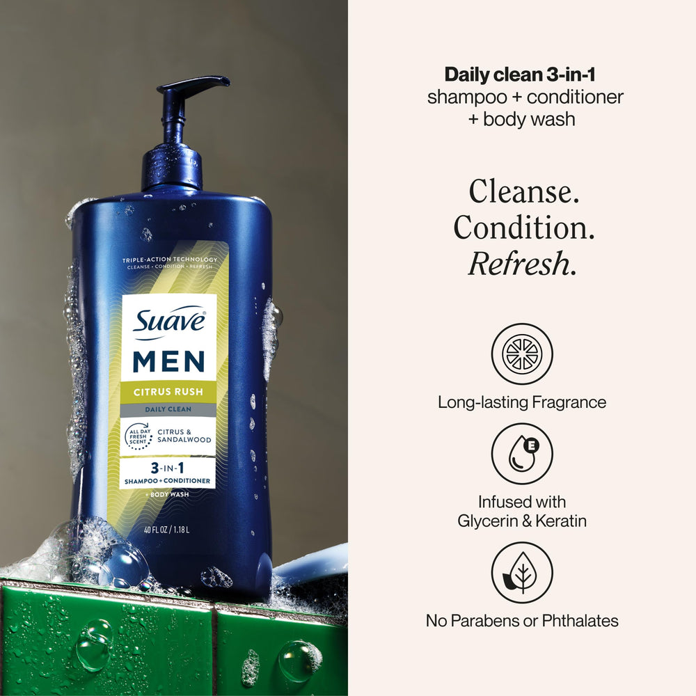 Suave Men Citrus Rush front label highlights citrus scent and three-in-one action.