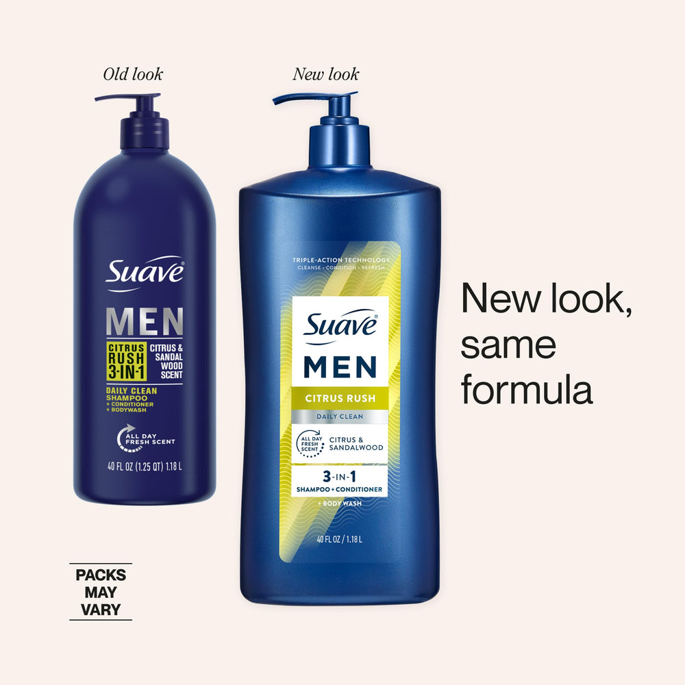 Suave Men Citrus Rush hair close-up reveals hydrated, smooth shine.