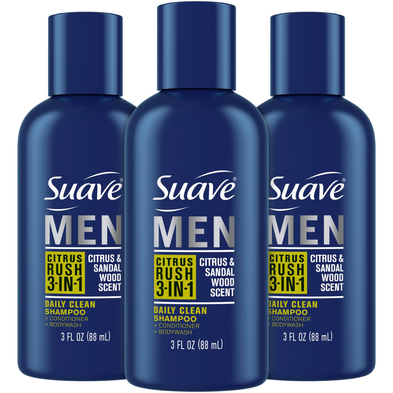 Suave Men Citrus Rush travel bottle pour showing on-the-go cleansing option