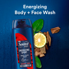 Suave Men Energizing Sport creamy lather delivering a soft, clean feel.