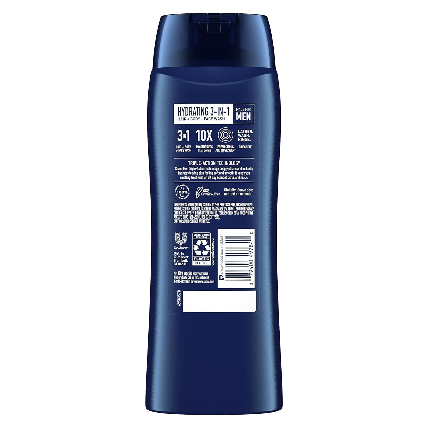 Suave Men foam-lather image emphasizes rich hydration for skin and hair.