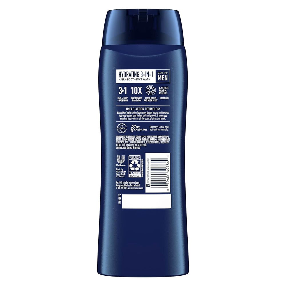 Suave Men foam-lather image emphasizes rich hydration for skin and hair.