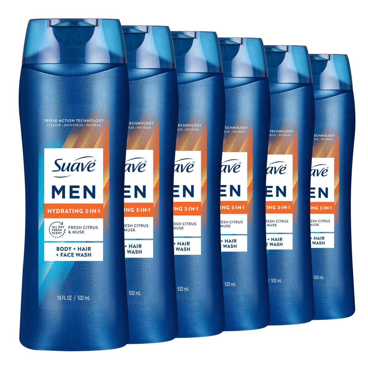 Suave Men Hydrating 3-in-1 bottle front demonstrates all-in-one cleanse for body, hair, and face with hydration.