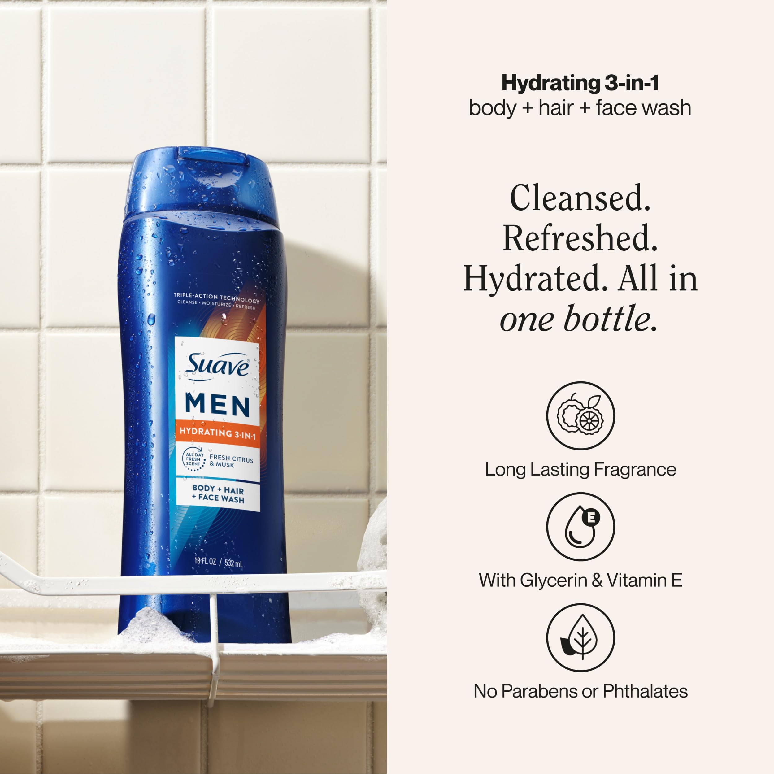 Suave Men Hydrating 3-in-1 bottle pump; convenient daily cleanse after workouts.