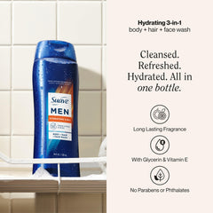 Suave Men Hydrating 3-in-1 bottle pump; convenient daily cleanse after workouts.