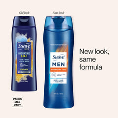Suave Men Hydrating 3-in-1 foamy lather demonstrates dirt, oil, and odor removal.