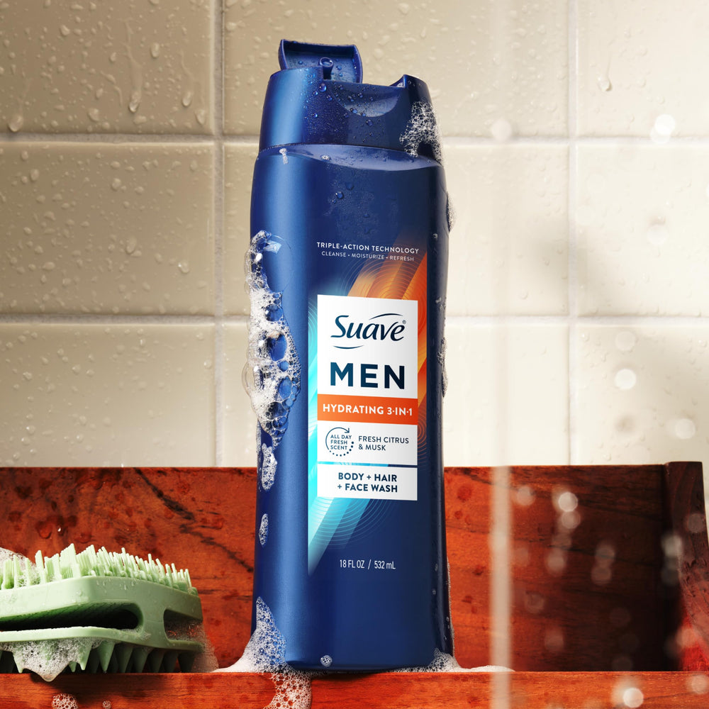 Suave Men Hydrating 3-in-1 store display showing multi-pack value.