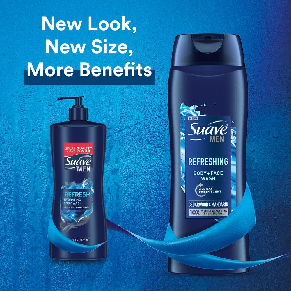 Six-pack of Suave Men Refresh bottles for everyday use.