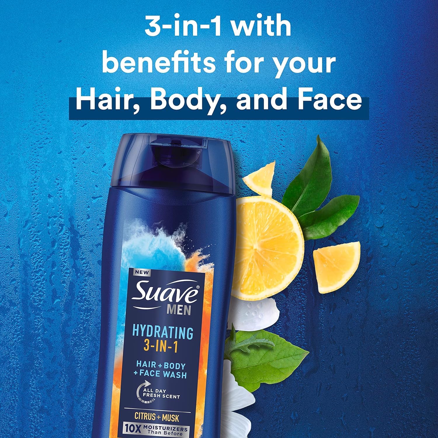 Suave Men recycled plastic packaging label highlights eco-friendly packaging.