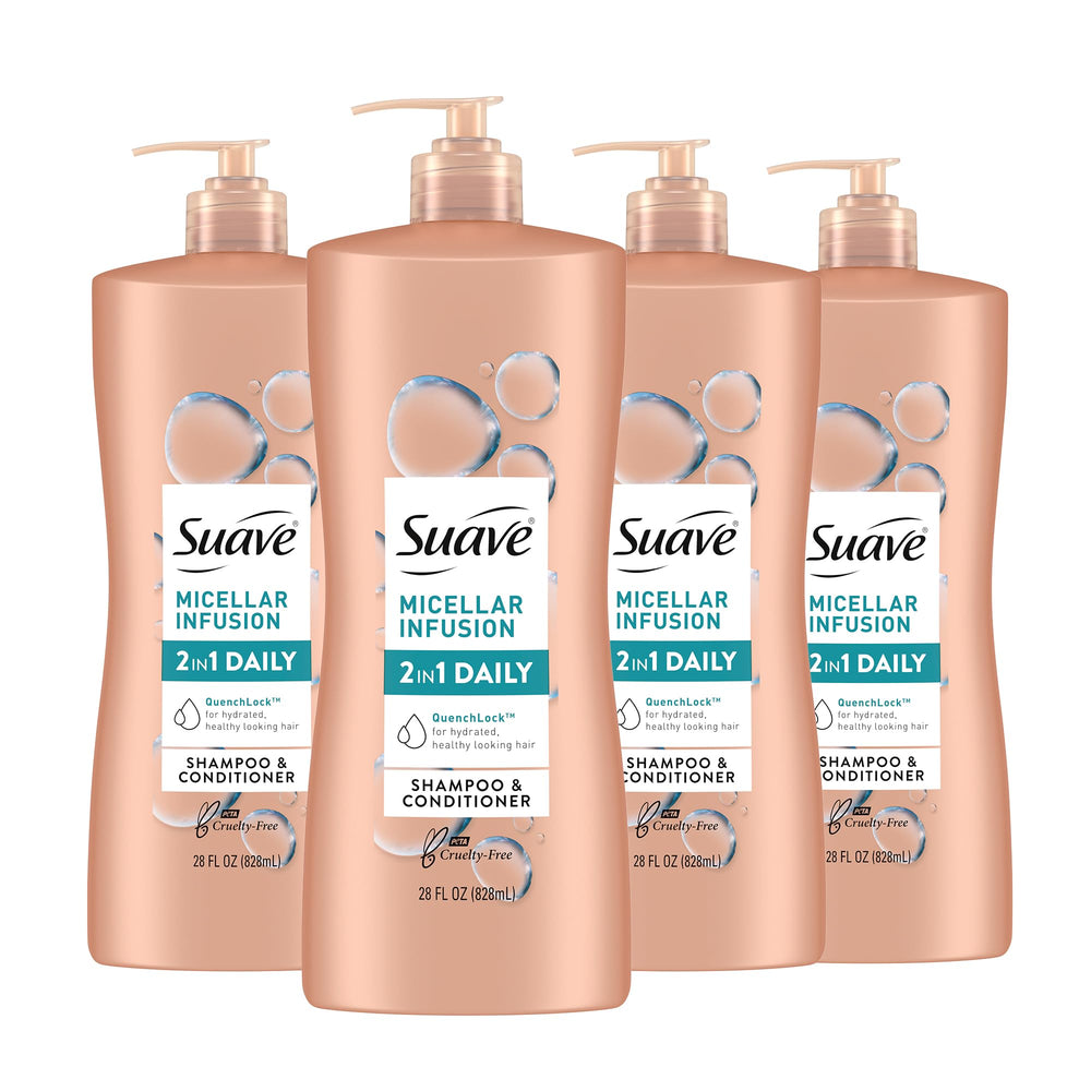 Suave Micellar Infusion 2-in-1 bottle on bathroom shelf for daily cleansing and conditioning