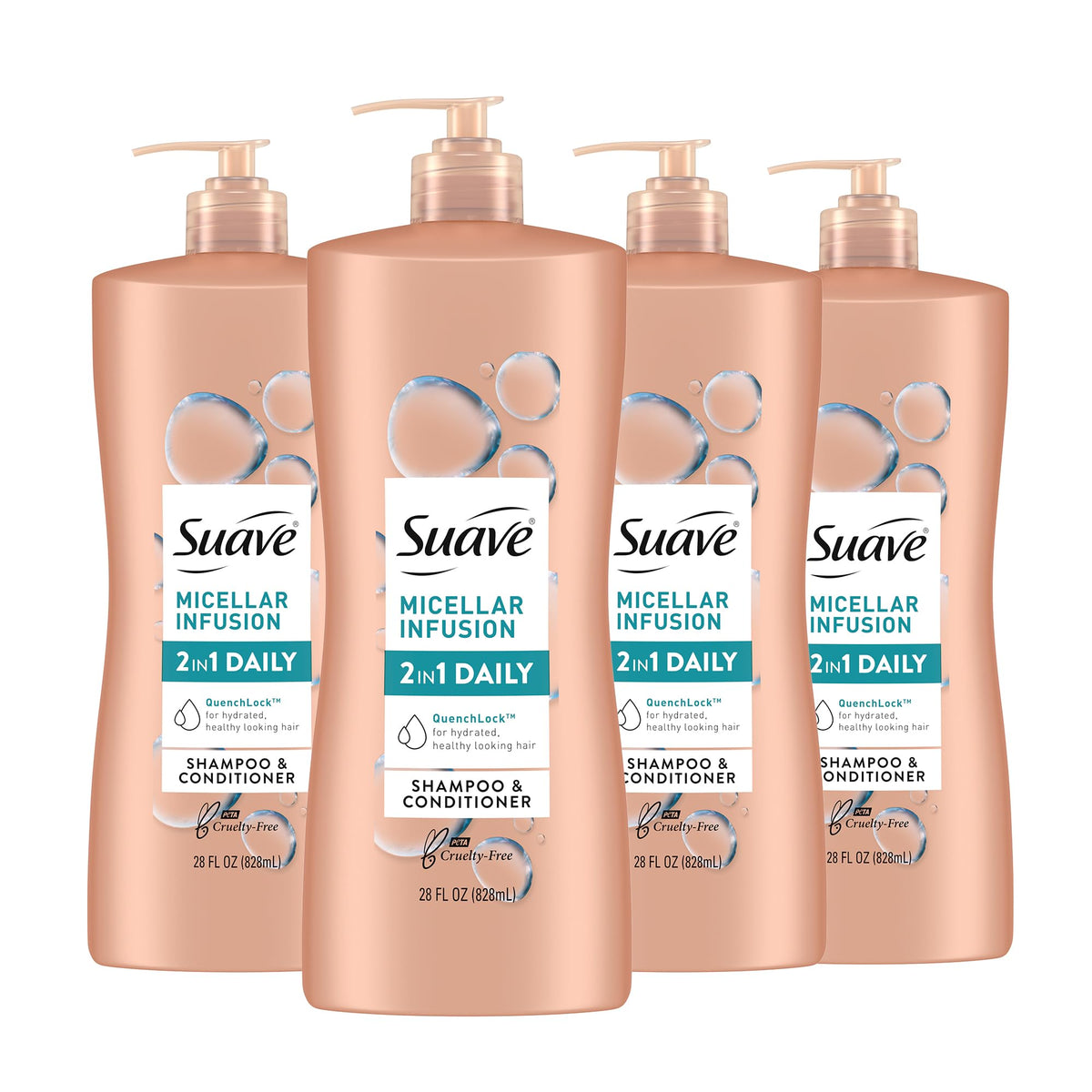 Suave Micellar Infusion 2-in-1 bottle on bathroom shelf for daily cleansing and conditioning