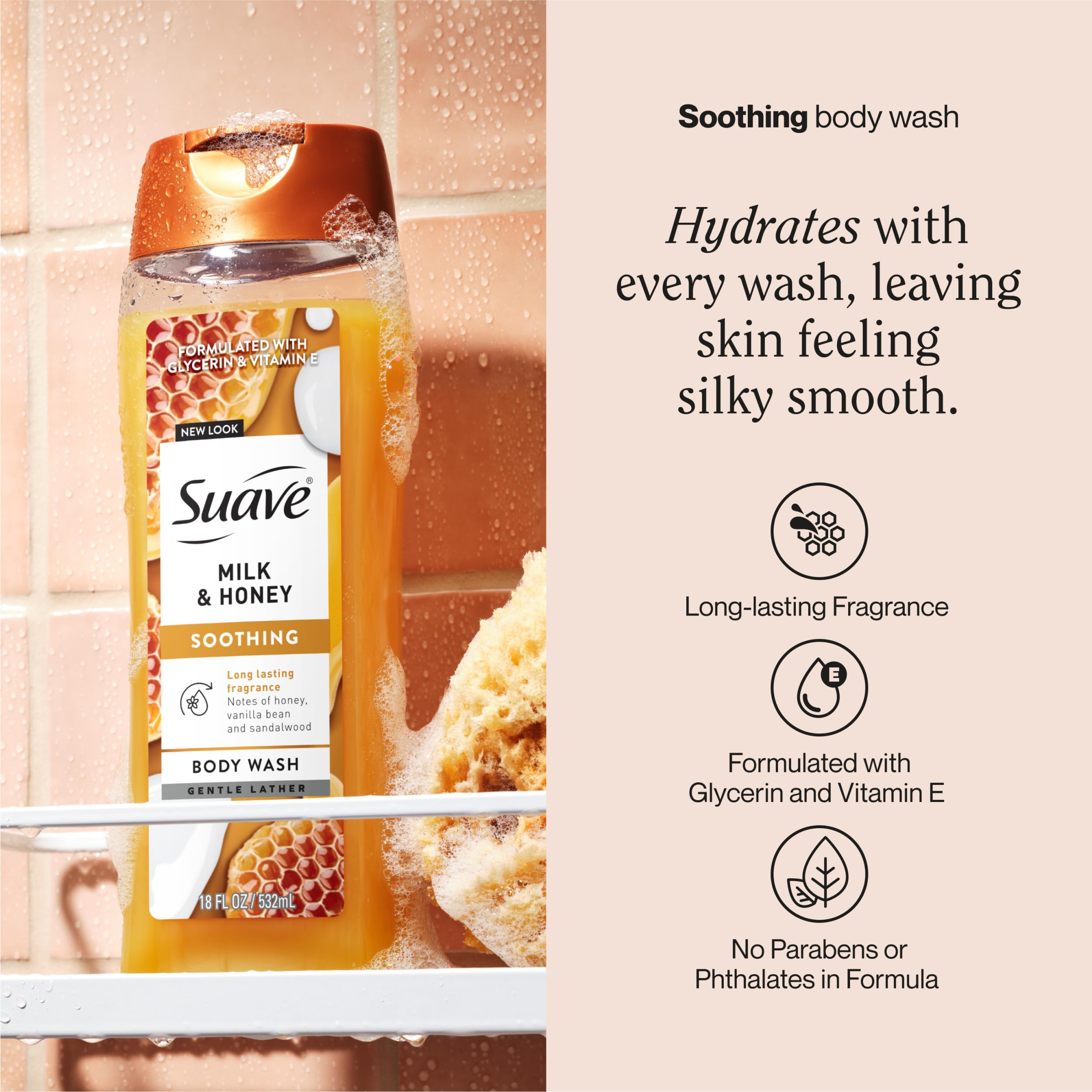 Suave Milk & Honey foamy lather demonstrates rich cleansing