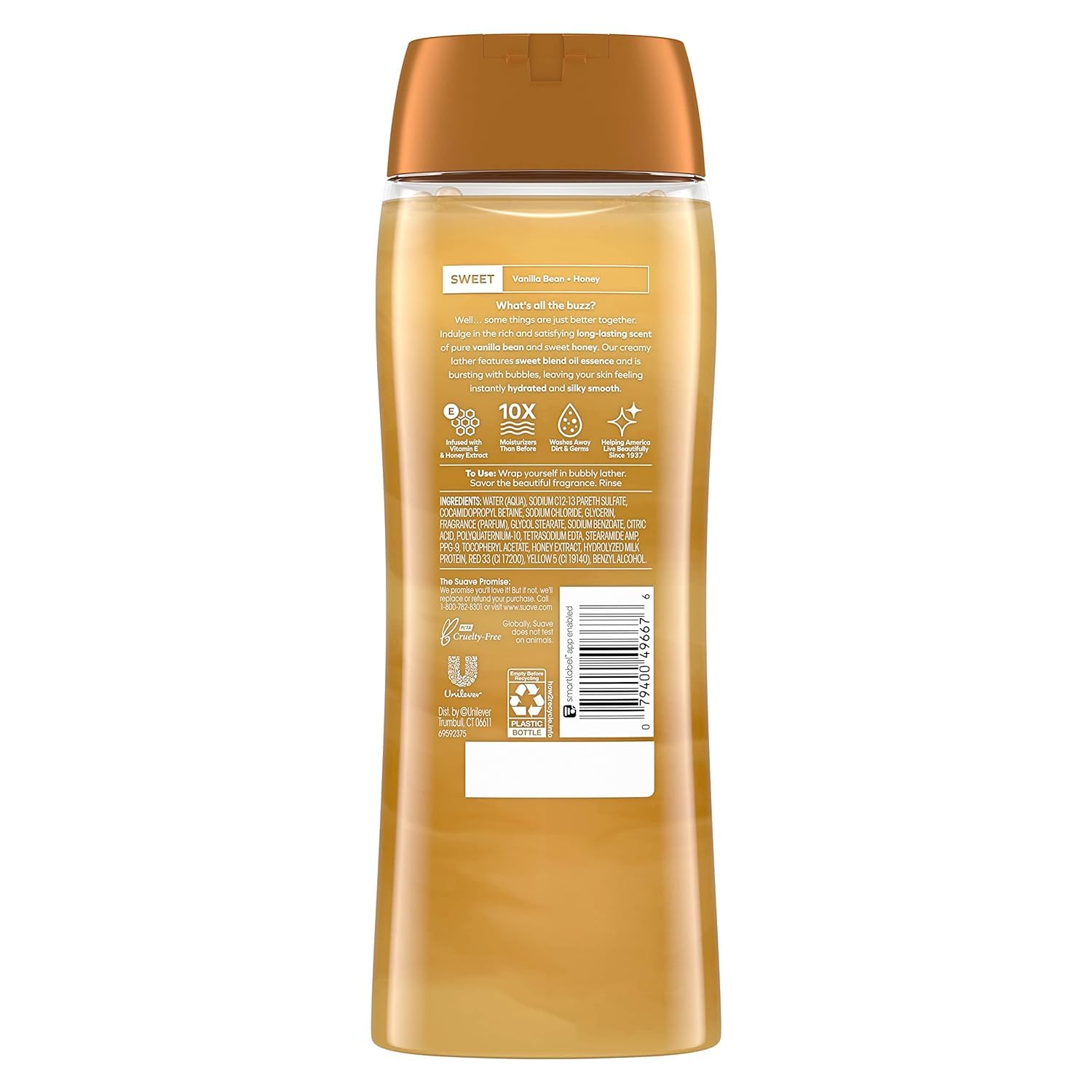 Suave Milk & Honey label closeup highlighting no parabens or phthalates