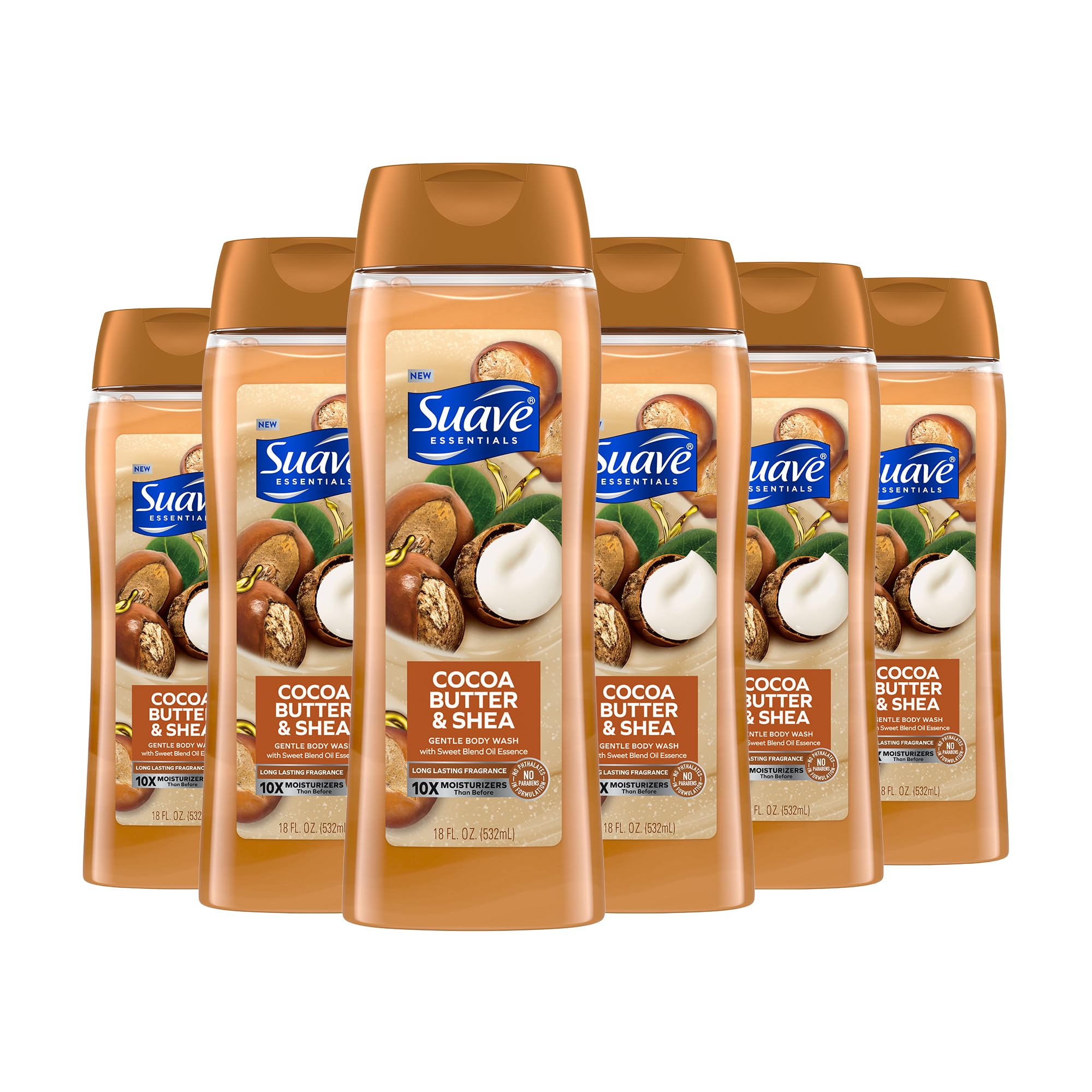 Suave Moisturizing Body Wash bottle showing cocoa butter and shea for silky, hydrated skin