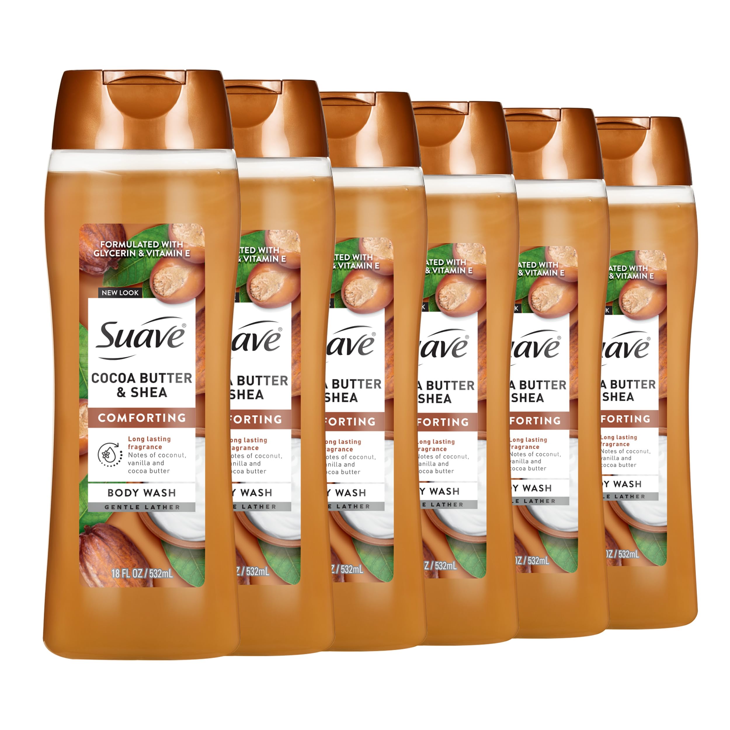 Suave Cocoa Butter and Shea body wash bottle showing hydrating formula.