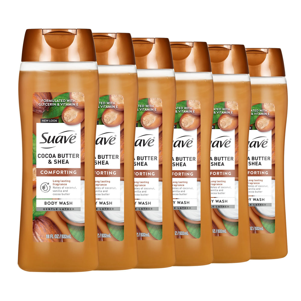 Suave Cocoa Butter and Shea body wash bottle showing hydrating formula.