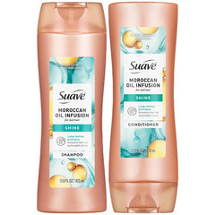 Suave Moroccan Oil Infusion Shampoo bottle showing shine-boosting formula for dull hair