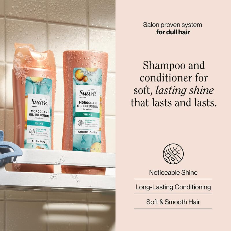 Texture close-up of Suave Moroccan Oil Infusion Shampoo emphasizing smoothness and hydration