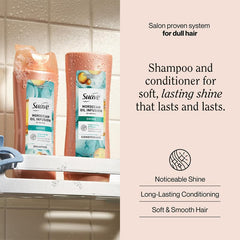 Texture close-up of Suave Moroccan Oil Infusion Shampoo emphasizing smoothness and hydration