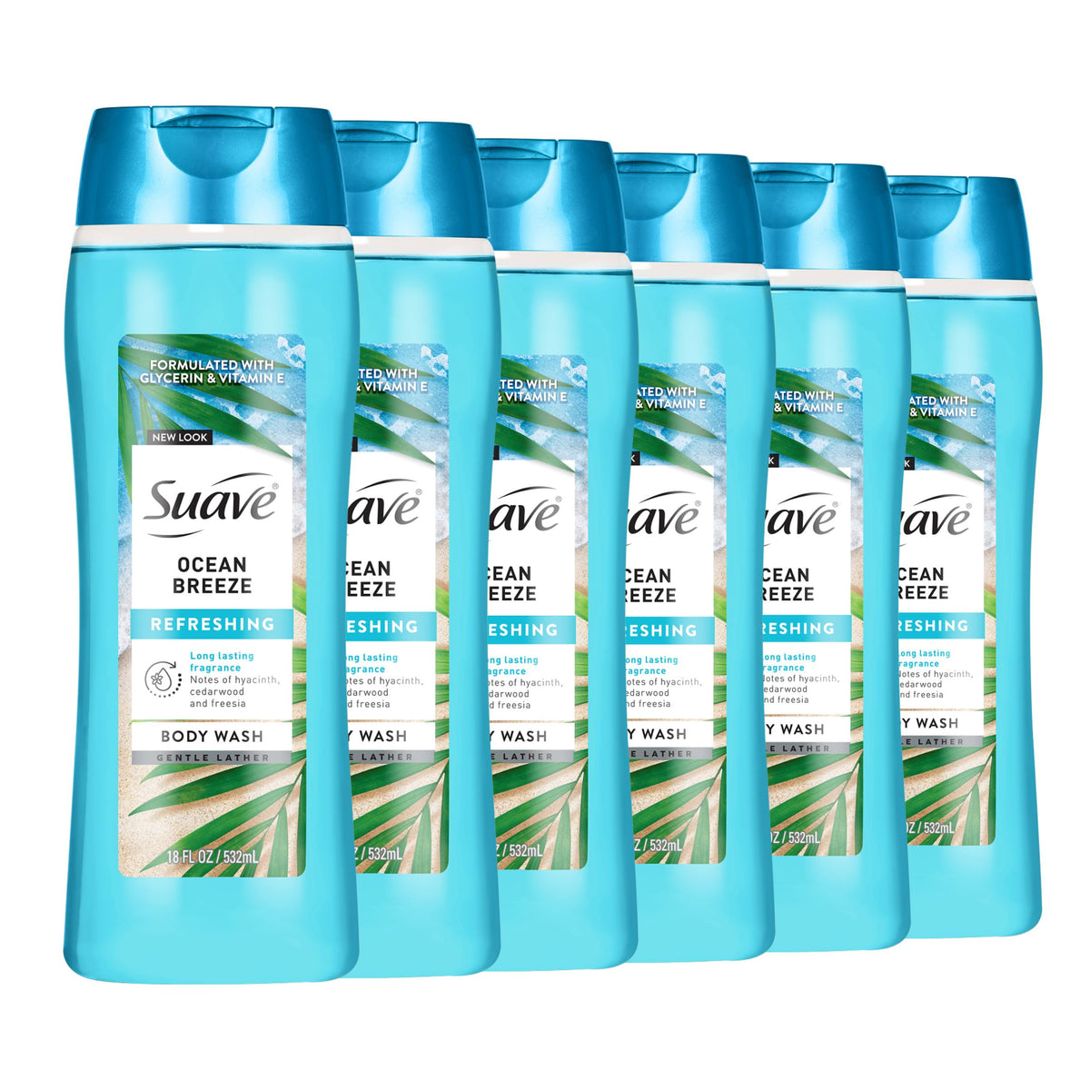 Suave Ocean Breeze Body Wash bottle shown for a refreshing cleanse and hydration