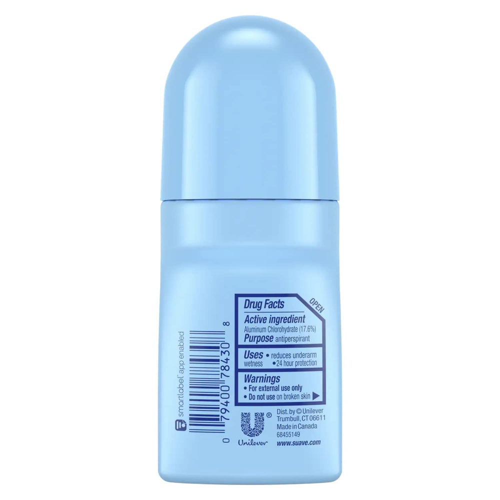 Suave powder-fresh scent 3-pack display highlights long-lasting odor protection.