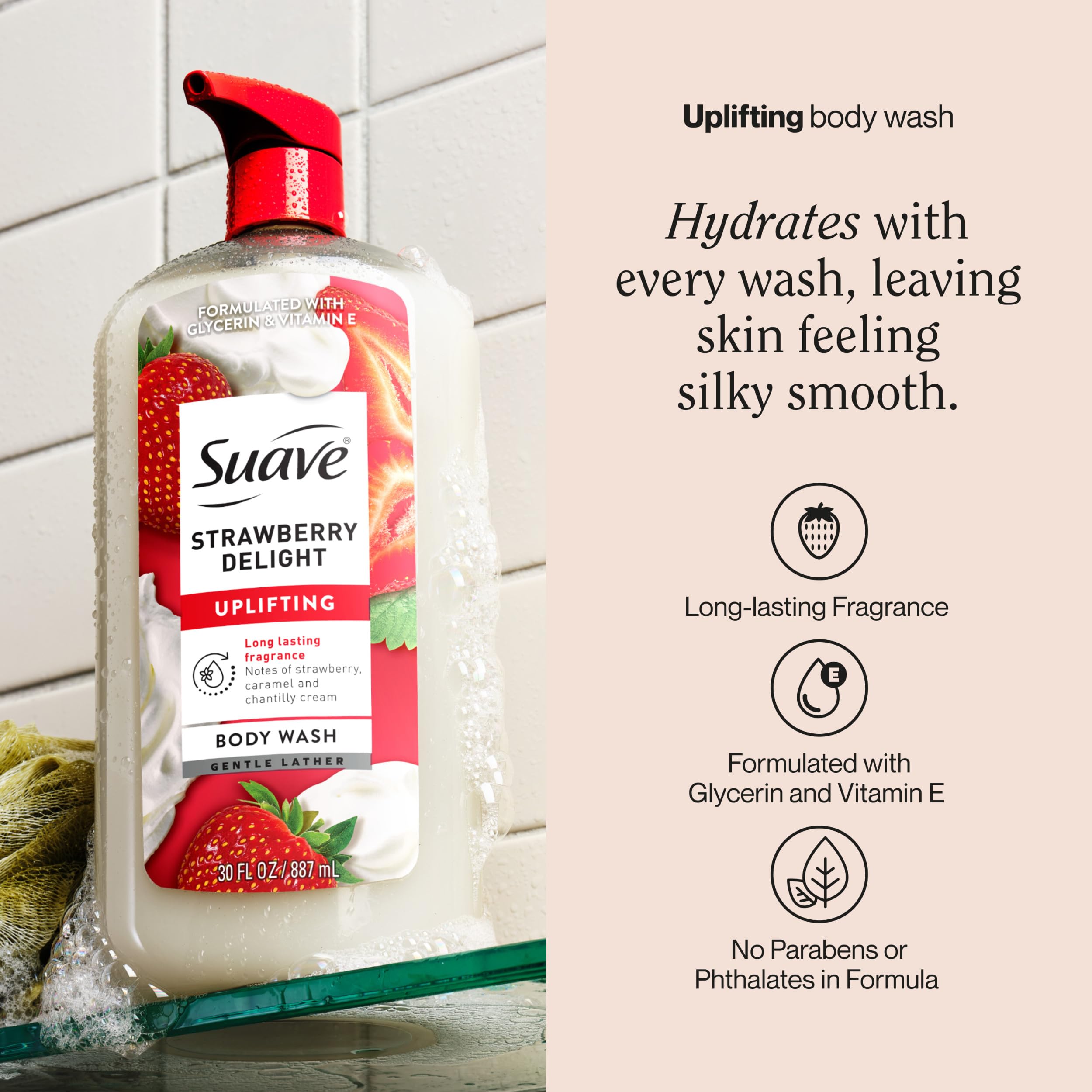 Framing creamy lather from Suave Strawberry Delight for a gentle cleansing experience.