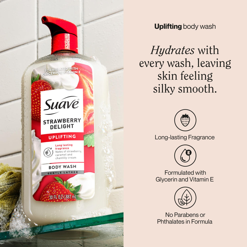 Framing creamy lather from Suave Strawberry Delight for a gentle cleansing experience.