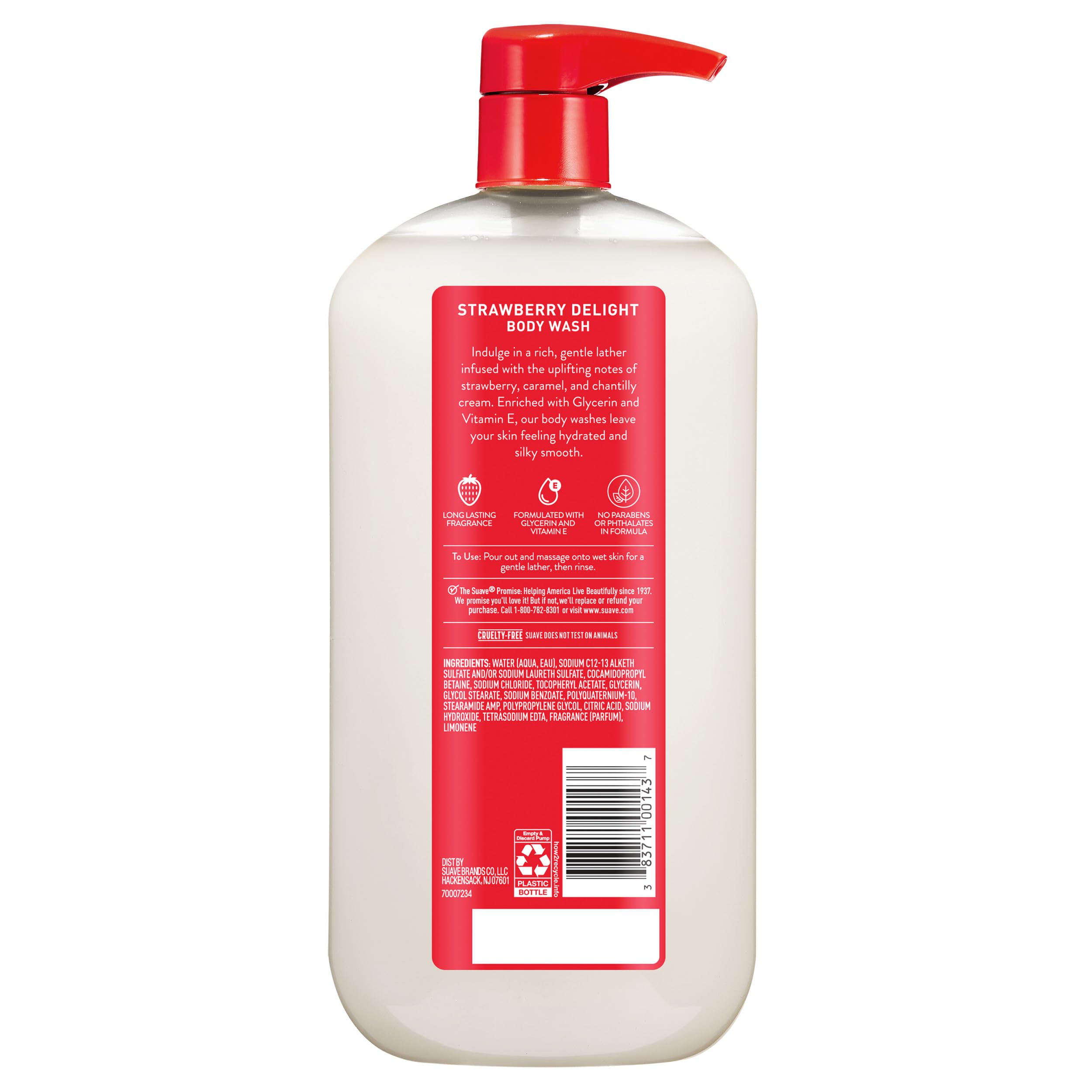 4-pack of Suave Strawberry Delight bottles for family shower routines.