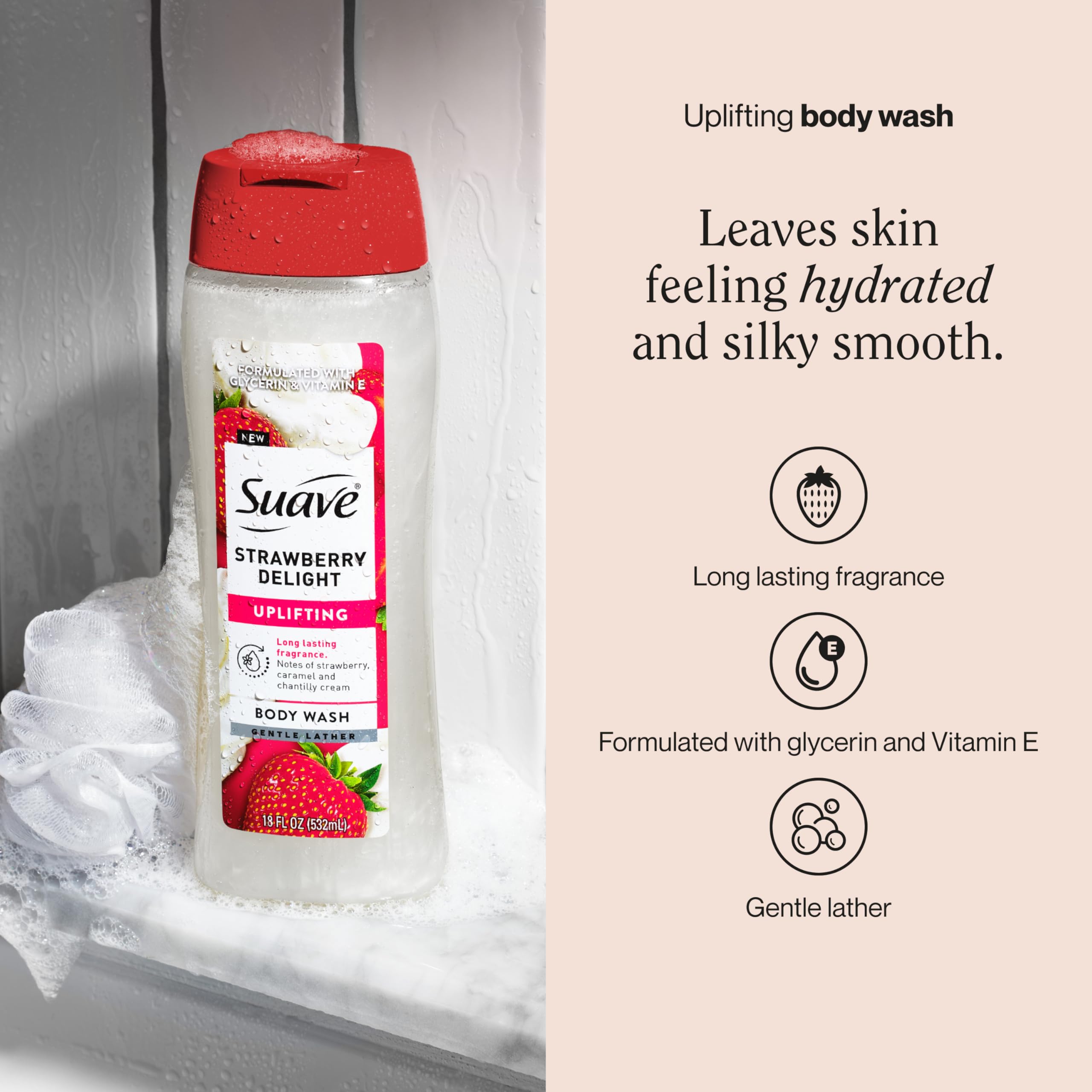 Suave Strawberry Delight lather close-up for gentle cleansing.