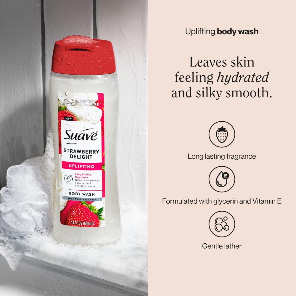 Suave Strawberry Delight lather close-up for gentle cleansing.