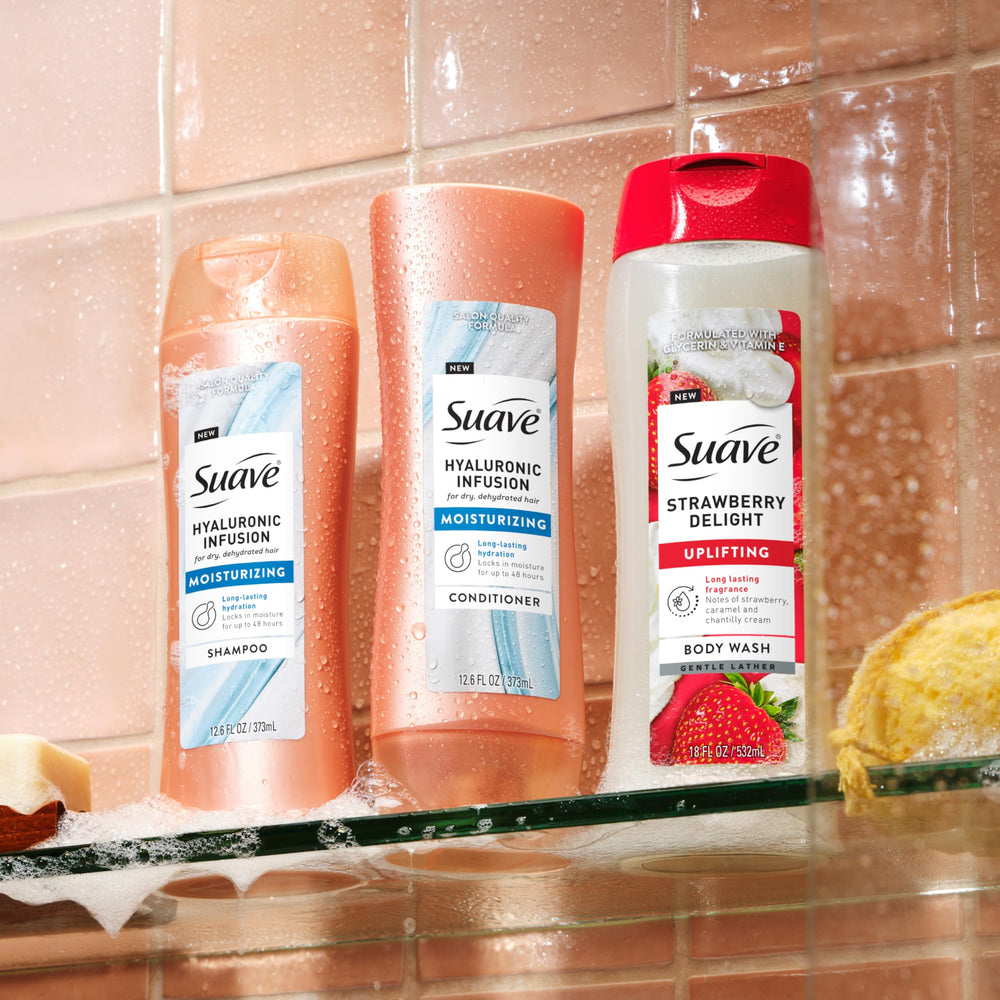 Suave Strawberry Delight after-use skin appears silky and soft.
