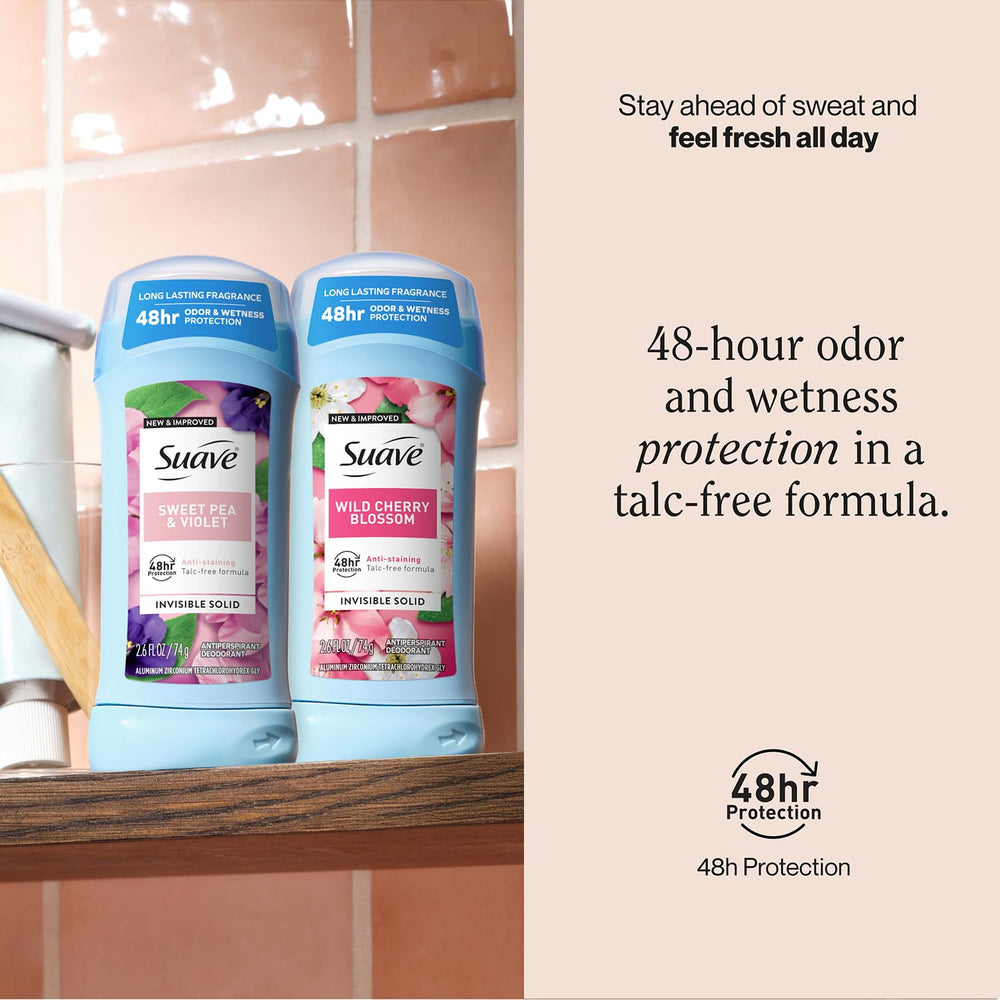 The Suave Sweet Pea Violet stick close-up showcases a floral fragrance.