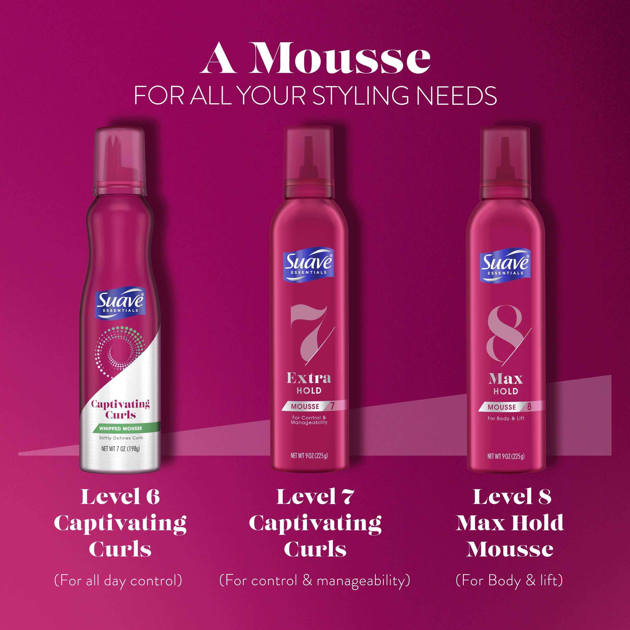 Suave Whipped Mousse moisturizes without stiffness for hydrated hair.