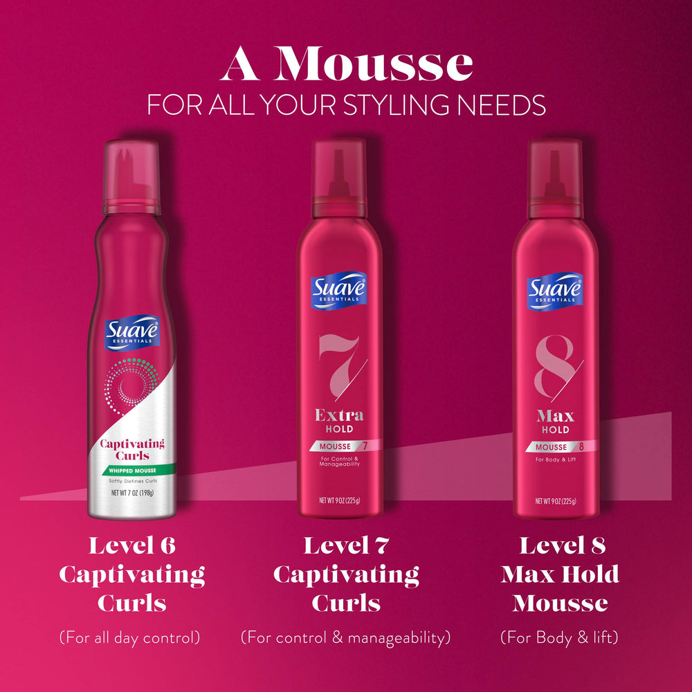 Suave Whipped Mousse moisturizes without stiffness for hydrated hair.